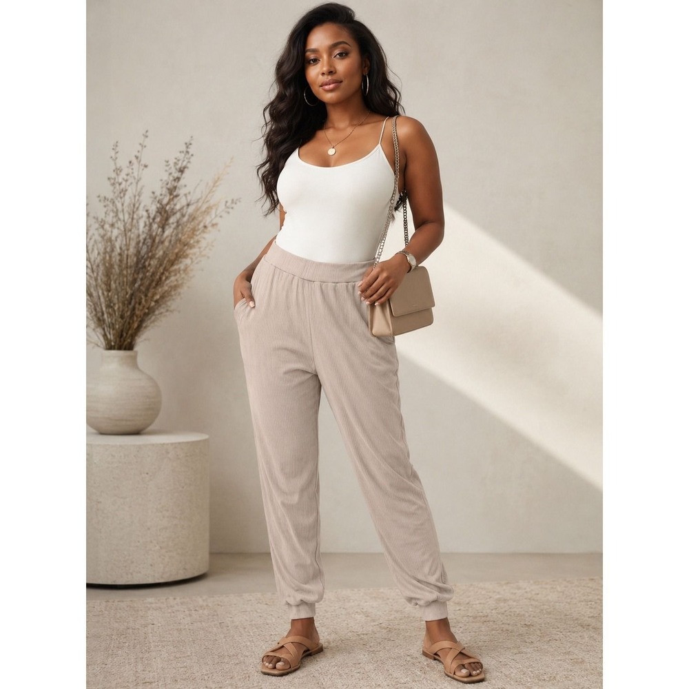 Ribbed Knit High Waisted Joggers Beige Textured Lounge Pants XL